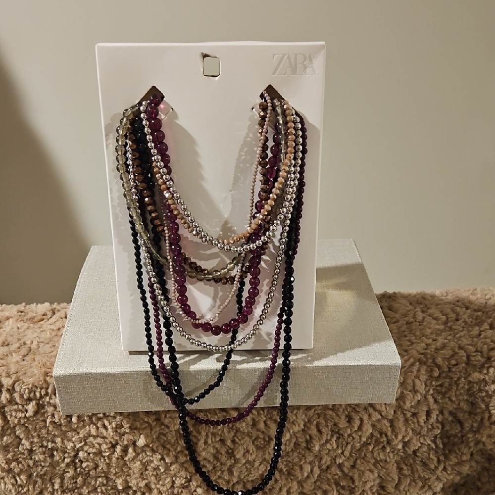 ZARA Multi-Strand Beaded Necklace in Purple and Black 10 Strands New With Tags